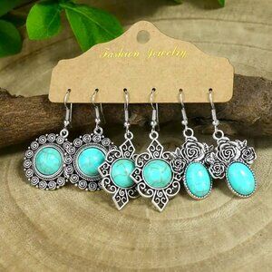 3pr Turquoise Dangle Earrings Silver Gypsy Boho Hippie Native Southwest Stylish